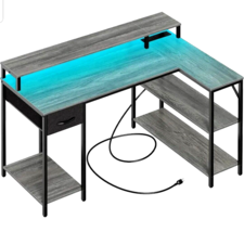 L-Shaped Gray LED Lights Power Outlets Reversible Computer Desk w/ Shelves - £179.14 GBP