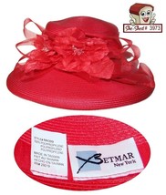 Vintage Betmar New York Red Hat Kentucky Derby Straw Hat Tulle Silk Bow M4399 - £23.45 GBP
