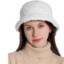 Women&#39;s White Bucket Fur Furry Windproof Warm Solid Plush Fluffy Teddy Hat Cap - £15.67 GBP