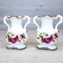 Vintage Flambro Fine Bone China Floral Miniature Vase Set 2 Summer Rose Flowers - $19.39