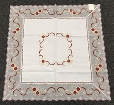 White Embroidered Red Ruby Burgundy Rhinestone Embroidery Tablecloth 33&quot;&quot; Square - £25.57 GBP
