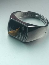 Estate Wide 925 Silver Plate Tapered Band w Black Enamel &amp; Goldtone Wolf Howling - £11.90 GBP