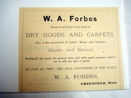 1889 Ad W. A. Forbes Greenfield, Mass. Dry Goods and Carpets - £6.36 GBP