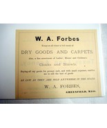 1889 Ad W. A. Forbes Greenfield, Mass. Dry Goods and Carpets - £6.28 GBP