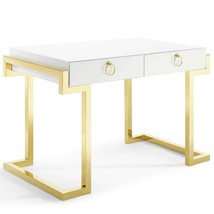 Minimalist White Office Desk Gold Stainless Steel Geometric Base Ring Pulls - $519.95