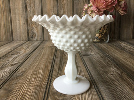 Vintage White Milk Glass Hobnail Footed Pedestal Candy Bowl Ruffle Edge  - $16.59