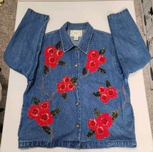 Vintage Tantrums Denim Jean Jacket Red Floral Embroidered Button Front L... - $22.00