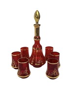 Vtg 1970&#39;s Murano Red Gold Trim Floral Design Blown Glass Decanter &amp; 8 G... - $166.25