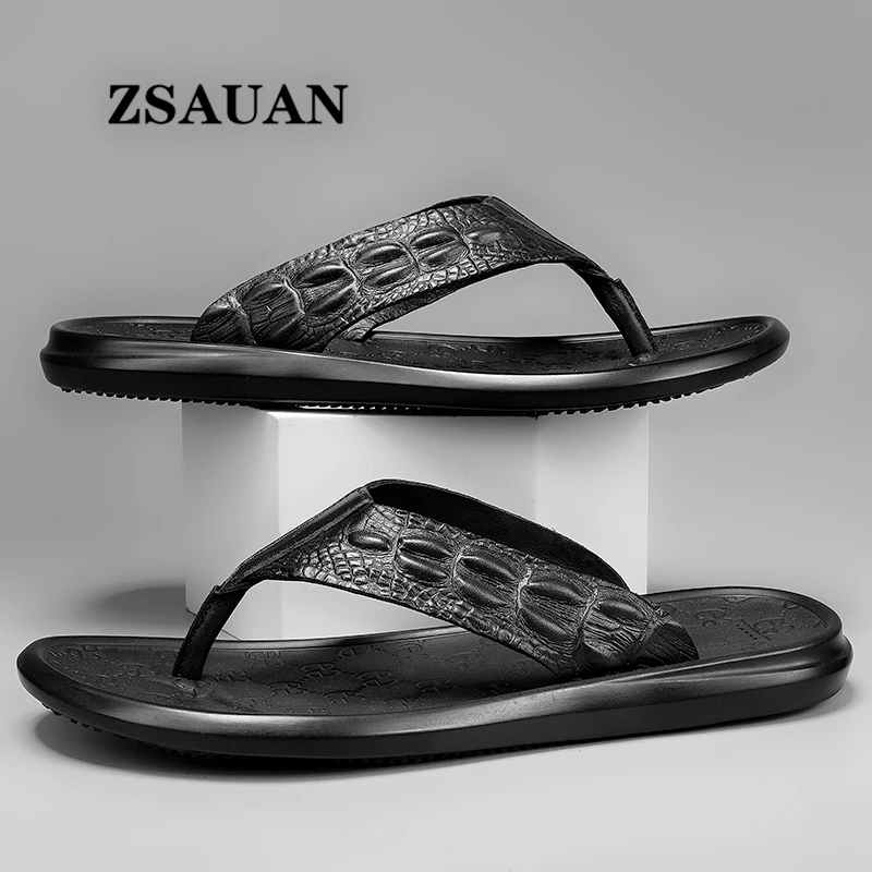 ZSAUAN  Men Slippers Leather Fashion Clip Toe Casual Flip flop Indoor  Pattern H - £190.83 GBP