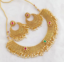 Indian Bollywood Style Gold Plated Choker Necklace Earrings Kundan Jewelry Set - £22.50 GBP