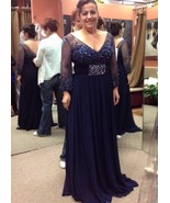 V Neck Navy Blue Long Sleeves Long Mother of the Bride Dresses with Beaded - £151.86 GBP