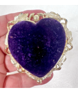 Vintage Silvertone Metal Purple Velvet Heart Shaped Pincushion Marked SF... - $18.32