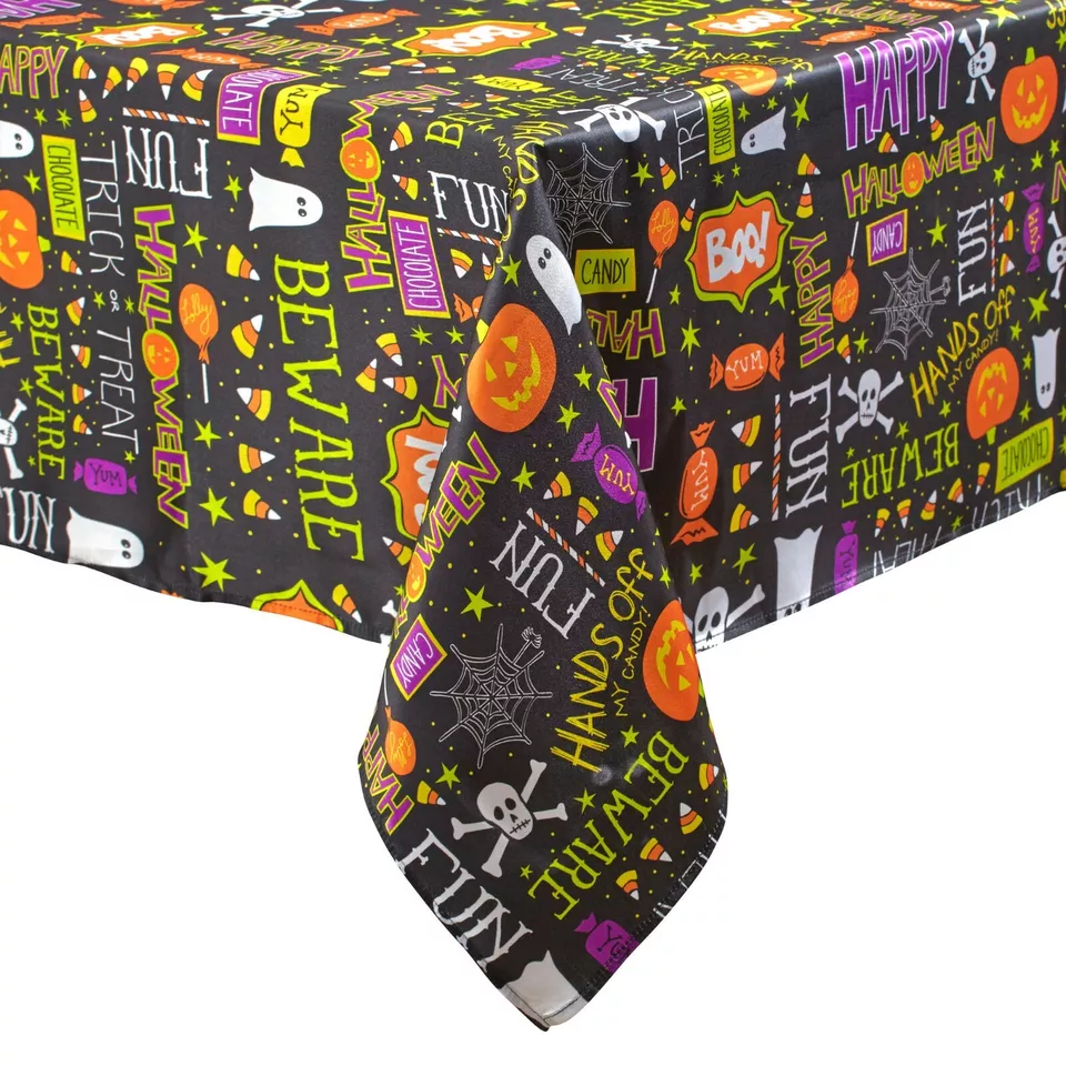 58 x 84 Halloween Tablecloth Rectangle Ghost Candy Wording Icons Black S... - $51.99