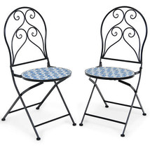 2 Pieces Patio Folding Mosaic Bistro Chairs with Blue Floral Pattern - £157.85 GBP