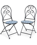 2 Pieces Patio Folding Mosaic Bistro Chairs with Blue Floral Pattern - £157.82 GBP