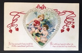 1915 Embossed Valentine&#39;s Day Postcard Cherubs and Hearts Flirty Love Sweetheart - £7.99 GBP