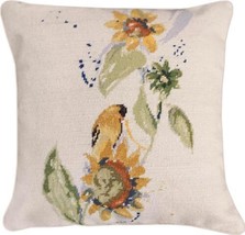 Pillow Throw Needlepoint Goldfinch With Sunflower 18x18 Yellow Gold Cotton - £239.00 GBP