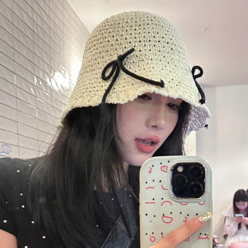 Ins Popular Versatile Bow Hollow Bucket Hats Women Spring and Summer Breathable - £15.69 GBP