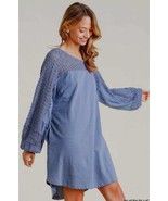 New UMGEE S Dusty Blue Knit Crochet Accent Pockets Hi-Low Hem Dress OVER... - $458.40 MXN