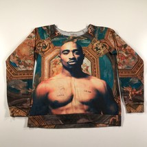 Tupac Shirt Mens Small Brown Blue All Over Print Crew Neck Hip Hop Shaku... - £22.09 GBP