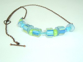 Blue Green Striped glass bead Necklace recycled Vtg Buttons unique handm... - $12.86