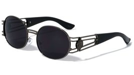 Kleo Slim Round Oval Lion Head Medallion Luxury Sunglasses (Black &amp; Gunmetal Fra - £10.14 GBP