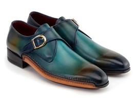 Paul Parkman Mens Shoes Turquoise Brown Leather Monkstrap Opanka Handmad... - $514.99