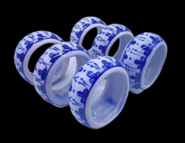 VTG Napkin Rings Blue &amp; White Set 6 Chinoiserie Porcelain Hand Painted Footed - £36.60 GBP