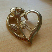 Vintage Signed ROC Gold-tone Heart Rose Brooch - $13.99