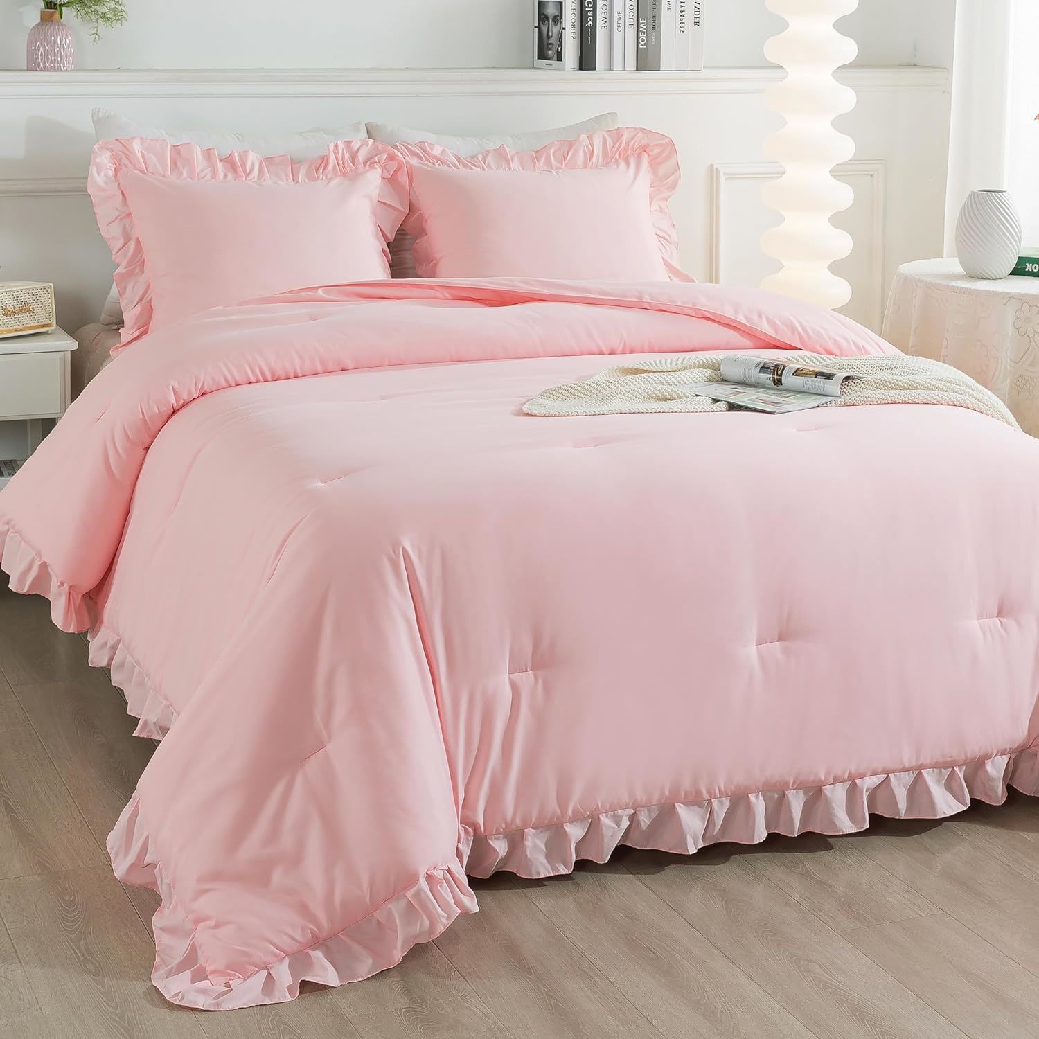 Primary image for Pink Comforter Set Queen Size, 3 Pieces Solid Pink Ruffle Shabby Chic Comforter 