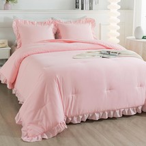 Pink Comforter Set Queen Size, 3 Pieces Solid Pink Ruffle Shabby Chic Co... - £66.85 GBP