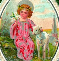 A Merry Christmas Angel w Lamb Silver Hightlight Deco 1913 Embossed Postcard - £7.16 GBP