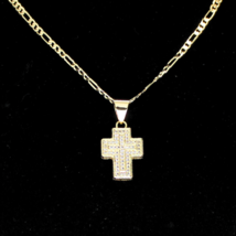 Small Cross iced Cz Pendant 18k Gold Plated 20&quot; Figaro Chain Men&#39;s Necklace - £9.16 GBP