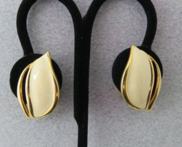 Monet Clip On Earrings Luxury Cream Enamel Smooth Gold Tone Oval Work 1.25" High - $15.99