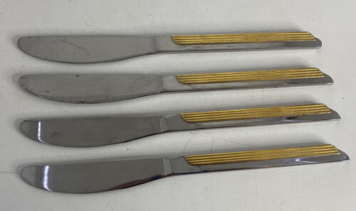 Vintage WMF Japan "Stratos" (4) Dinner Knife Set Lot Gold Accent Stainless 8.75" - $34.64