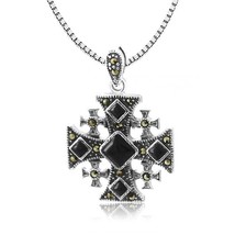 925 Silver Jerusalem Cross Pendant Unisex Inlaid with Onyx and Marquise Stones - £40.47 GBP