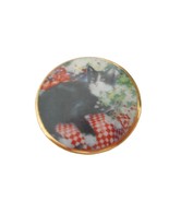Cat Pin Brooch black and white Kitten Round Gold trim Floral granny core - $10.39