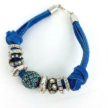 Blue Leather Bracelet Rhinestone Crystal Silver Tone Boho Adjustable Bling - £27.96 GBP