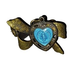 Blue Enamel Ribbon Bow Heart Virgin Mary Charm Cut-Outs Brooch Pin 1 1/2&quot; - $15.00