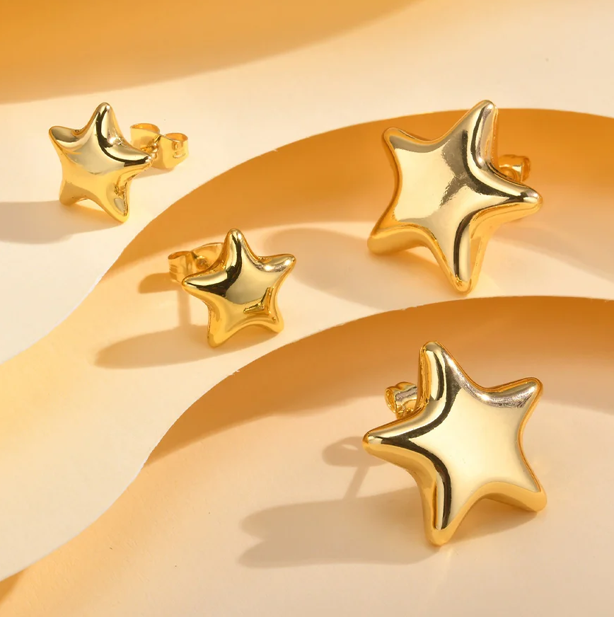 Quality Stainless Steel Classic Golden Star Elegant Stud Earrings (S/L)