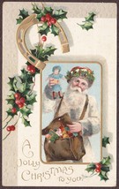 Antique Santa Claus in White Suit with Doll - Color, Embossed Postcard 1909 - £13.76 GBP