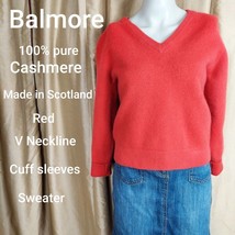 Balmore Red 100% Pure Cashmere V Neckline Cuff Sleeves Sweater Size L - £30.59 GBP
