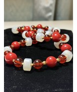 Vintage Monet Necklace, Red, Creamy White Lucite, Chunky Beads 80s. 35” ... - $10.99