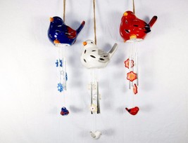 Sitting Bird Wind Chime ~ Solar LED, Porcelain &amp; Steel, Choose Red, White, Blue - £11.16 GBP+