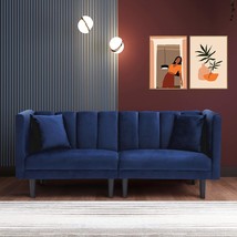 Erye Navy Blue Convertible Futon Loveseat Sofabed, 2 Seaters Velvet Tufted - £328.80 GBP