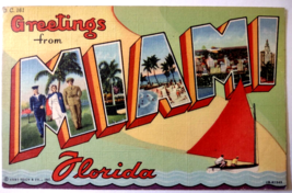 Greetings From Miami Florida Large Letter Linen Postcard Sailor Sailboat... - $20.90