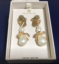 House of Harlow 1969 Gold Leaf and Faux Pearl Dangle Drop Earrings - £38.45 GBP