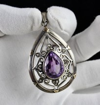 Antique Natural Amethyst Cut Diamond Victorian Pendant In 925 Silver &amp; Gold - £164.19 GBP