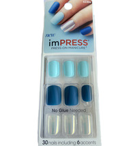 NEW Kiss Nails Impress Press On Manicure Short Gel Matte Blue Pearl White - £10.29 GBP