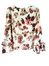 Ambiance white red Floral roses long bell sleeve women&#39;s blouse S - £54.51 GBP